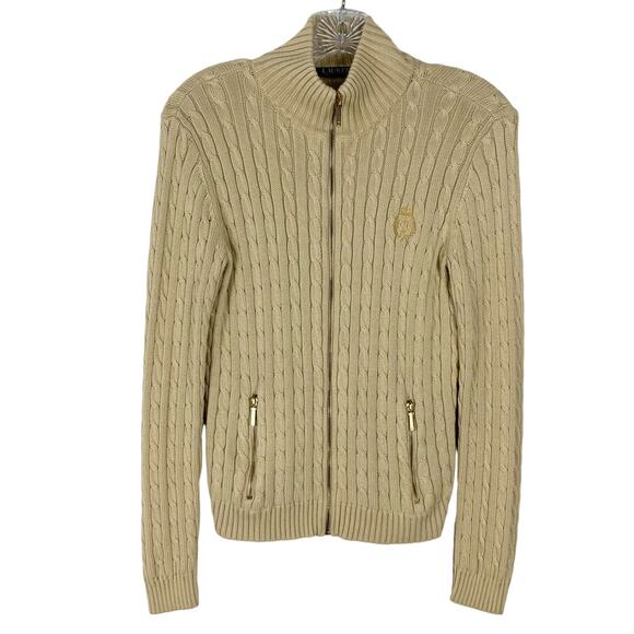 RALPH LAUREN Sweater Cardigan S Beige Cable-Knit Gold-Logo-Embroidery&Zip Mock